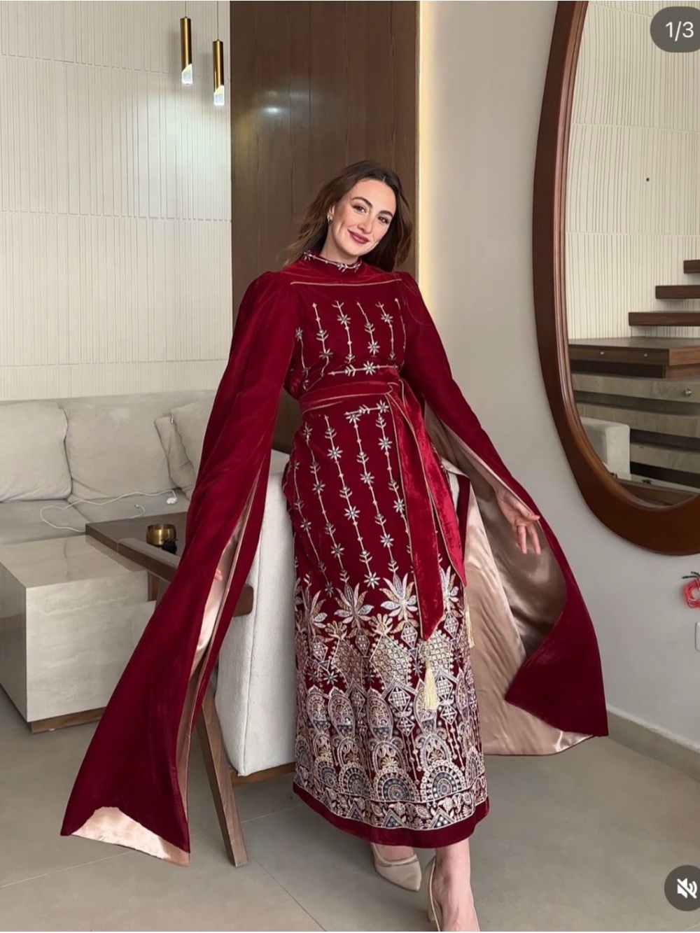 Embroidered Burgundy Velvet Maxi Dress with Dramatic Cape Sleeves